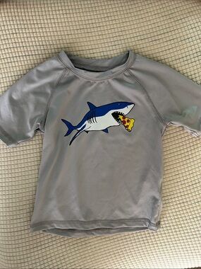 Kids Gray Shark Rashguard Swim Shirt with Blue Shark Graphic